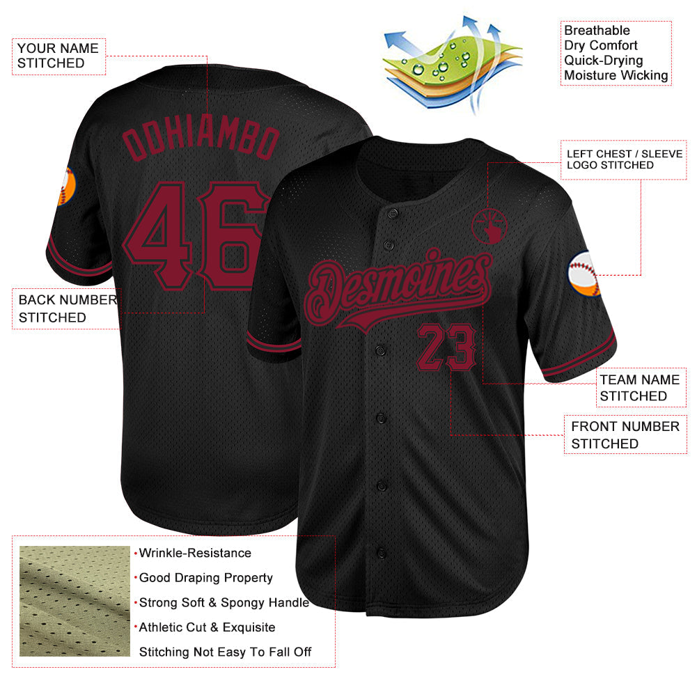 Custom Black Crimson Mesh Authentic Throwback Baseball Jersey - Sky-Custom
