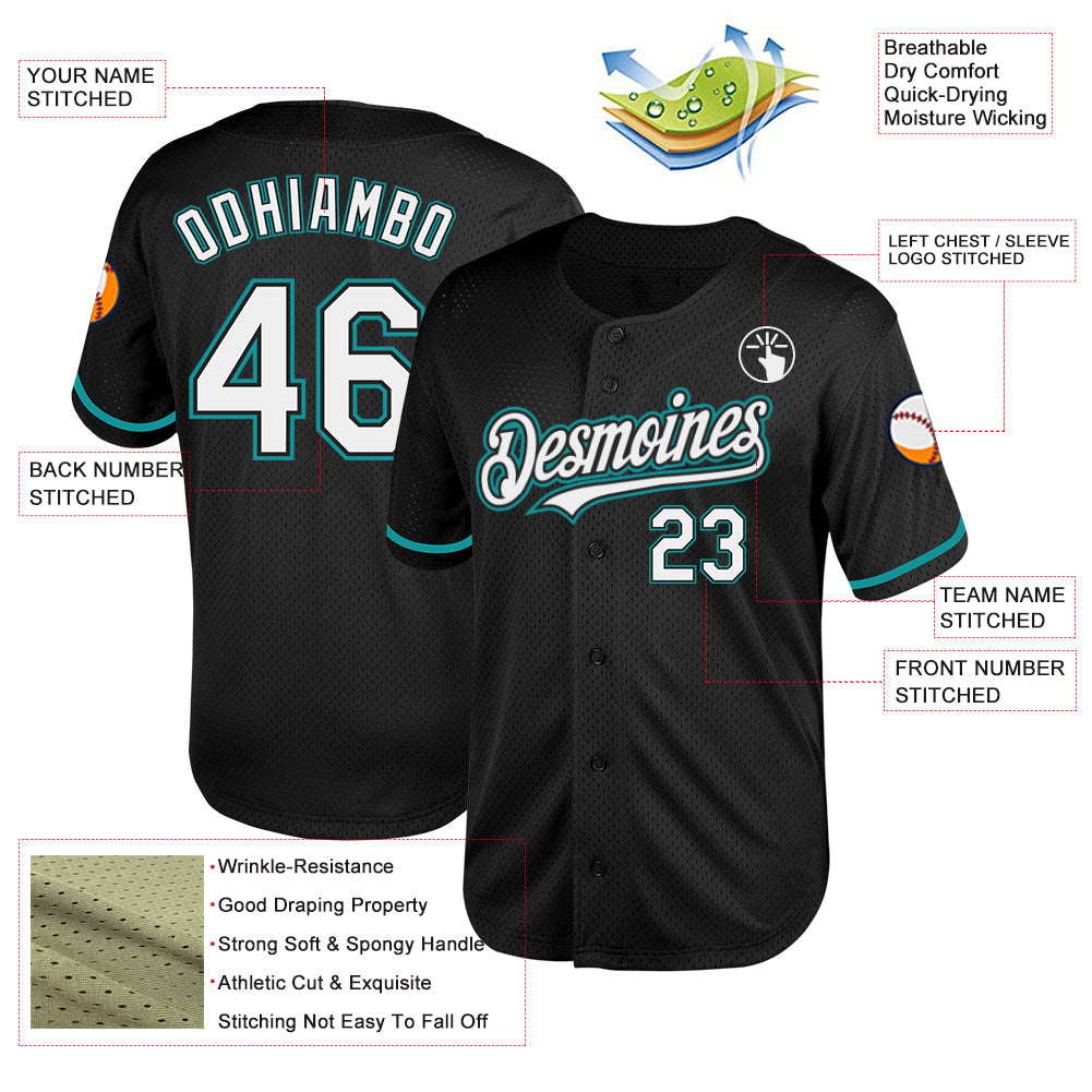 Custom Black White-Teal Mesh Authentic Throwback Baseball Jersey - Sky-Custom