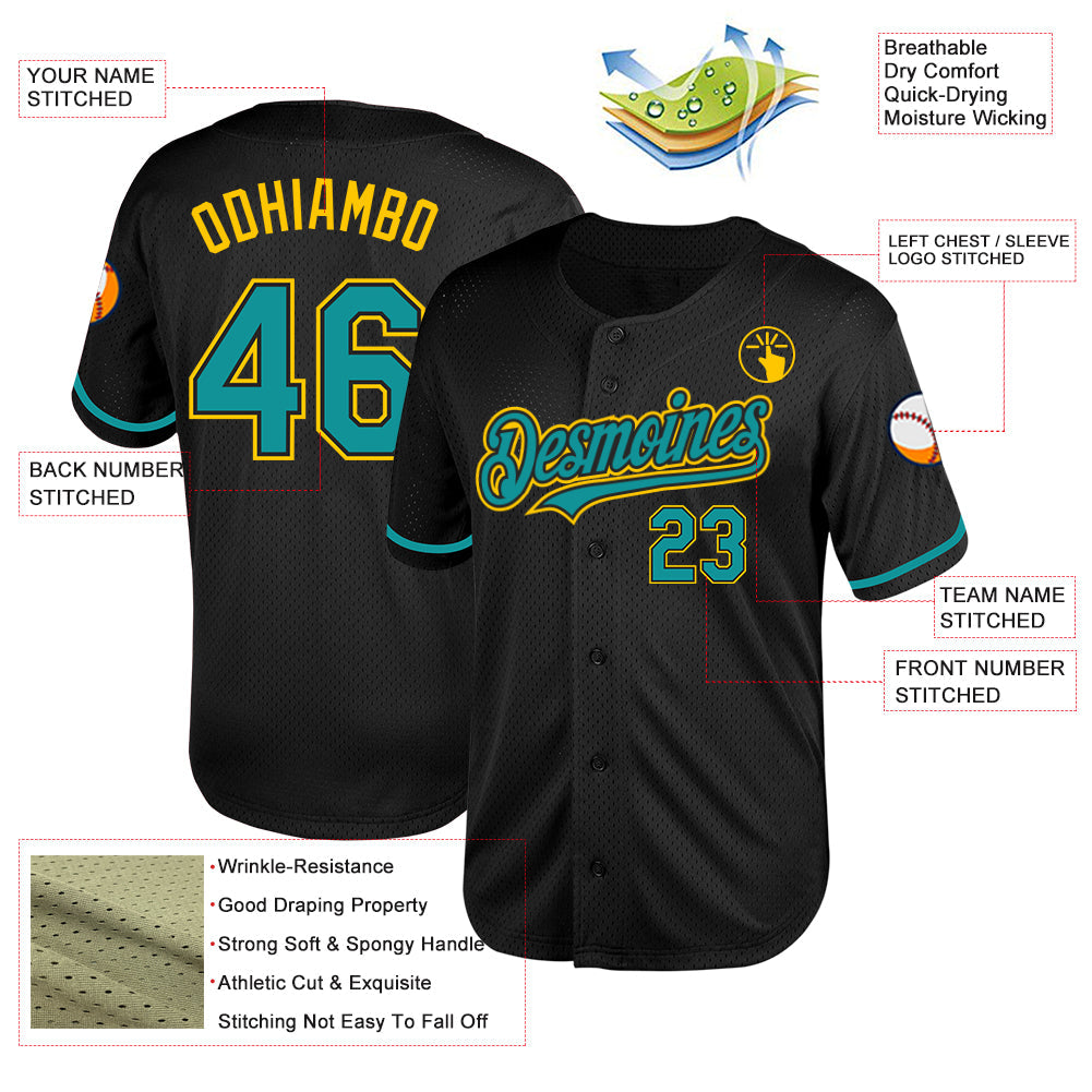 Custom Black Teal-Yellow Mesh Authentic Throwback Baseball Jersey - Sky-Custom
