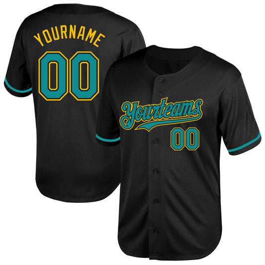 Custom Black Teal-Yellow Mesh Authentic Throwback Baseball Jersey - Sky-Custom
