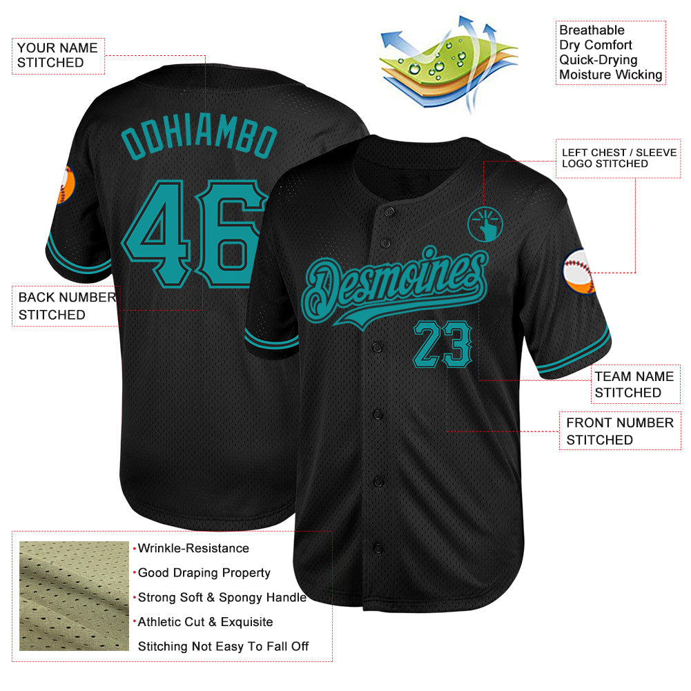 Custom Black Teal Mesh Authentic Throwback Baseball Jersey - Sky-Custom