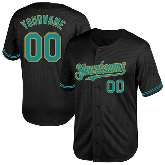 Custom Black Teal-Old Gold Mesh Authentic Throwback Baseball Jersey - Sky-Custom