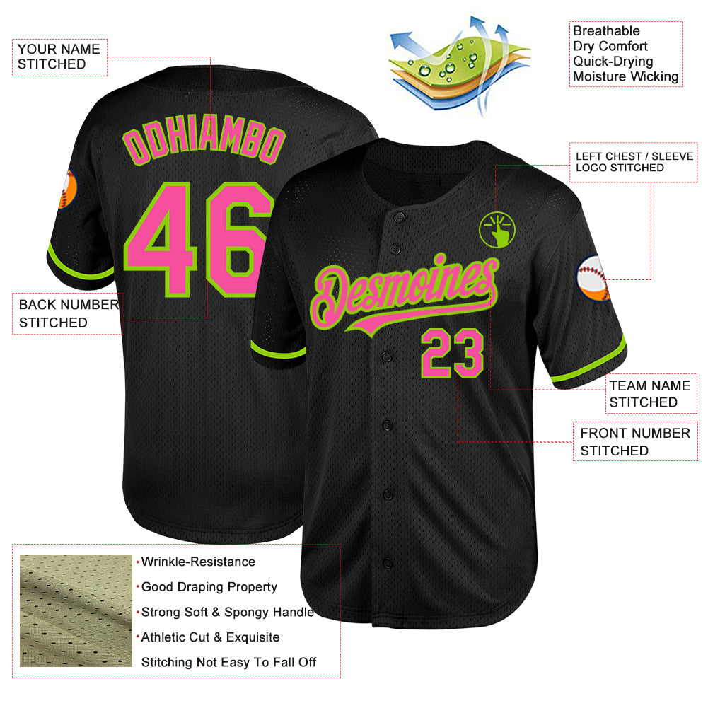 Custom Black Pink-Neon Green Mesh Authentic Throwback Baseball Jersey - Sky-Custom