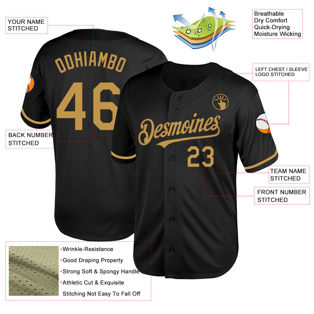 Custom Black Old Gold Mesh Authentic Throwback Baseball Jersey - Sky-Custom