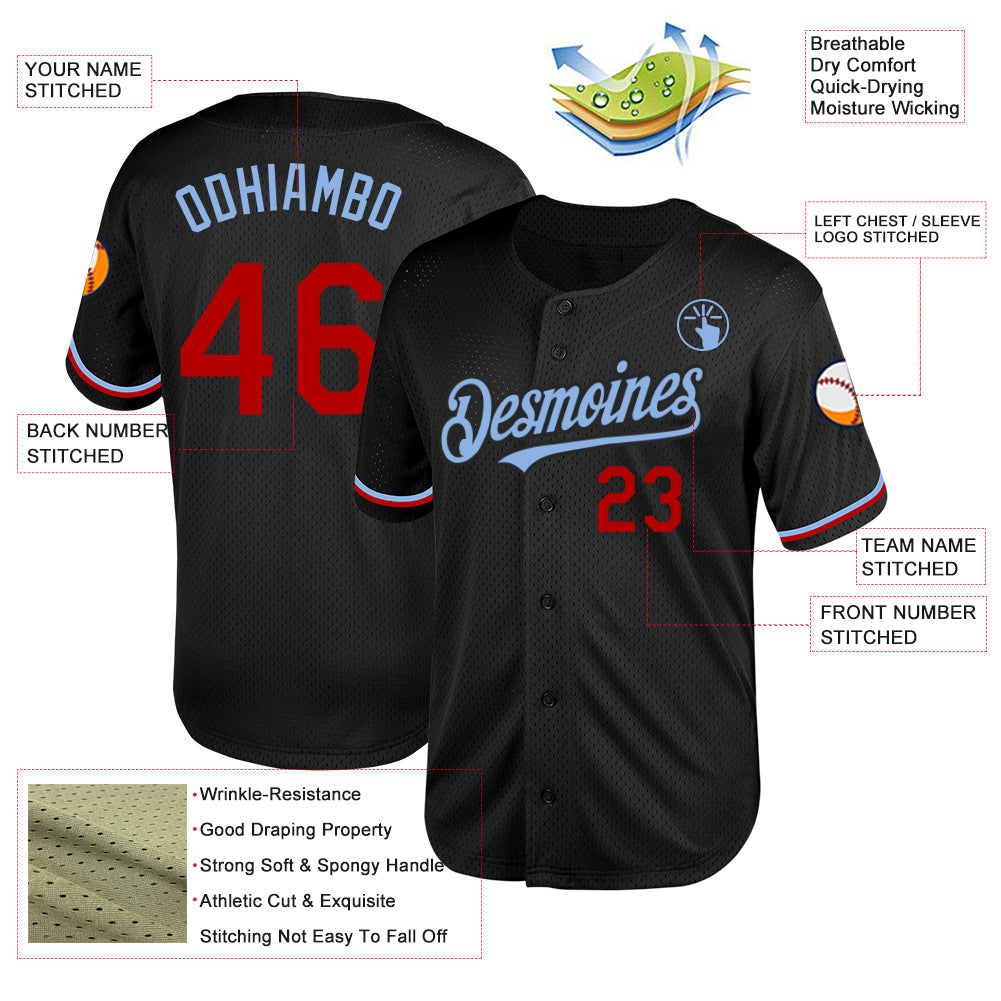 Custom Black Red-Light Blue Mesh Authentic Throwback Baseball Jersey - Sky-Custom