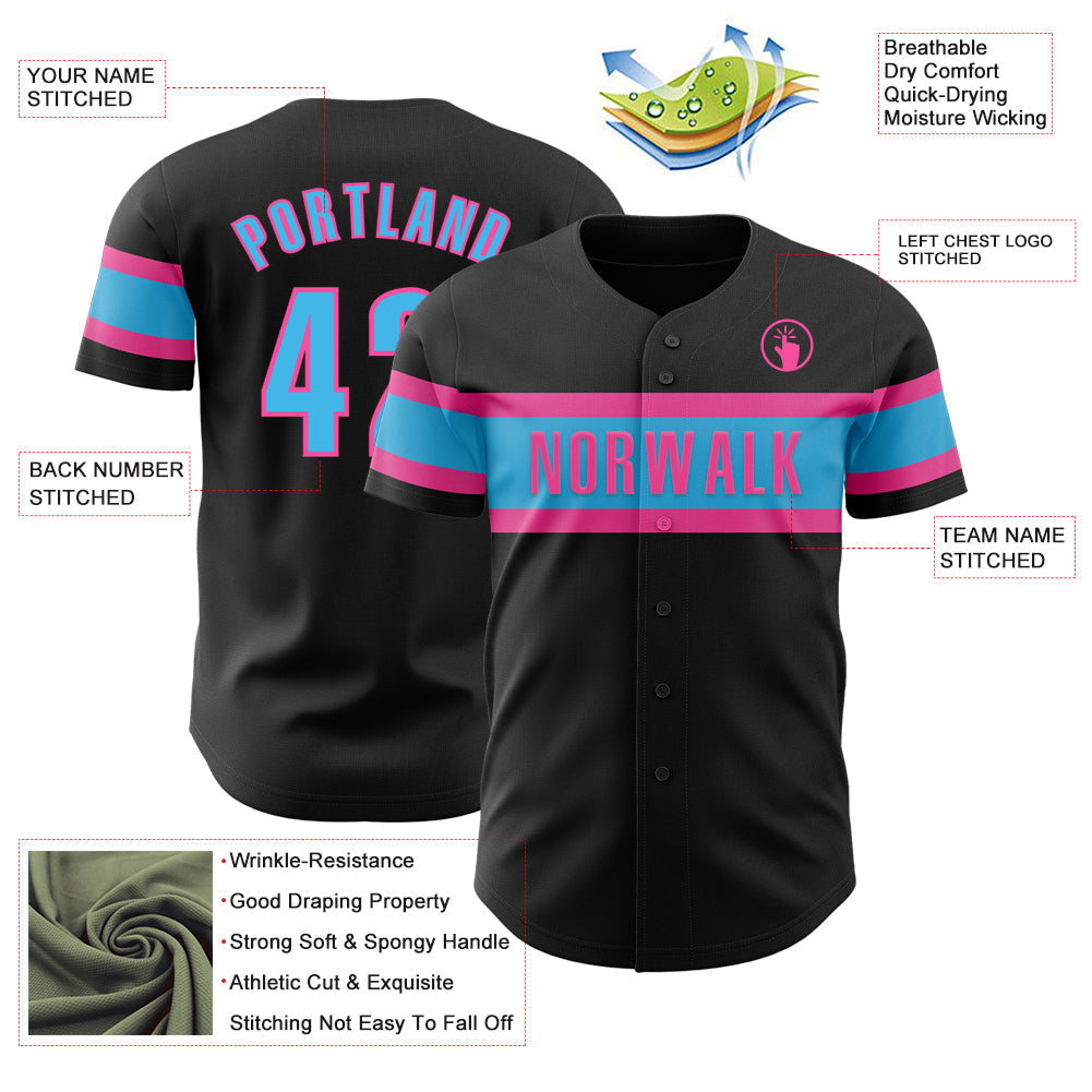 Custom Black Sky Blue-Pink Authentic Baseball Jersey - Sky-Custom