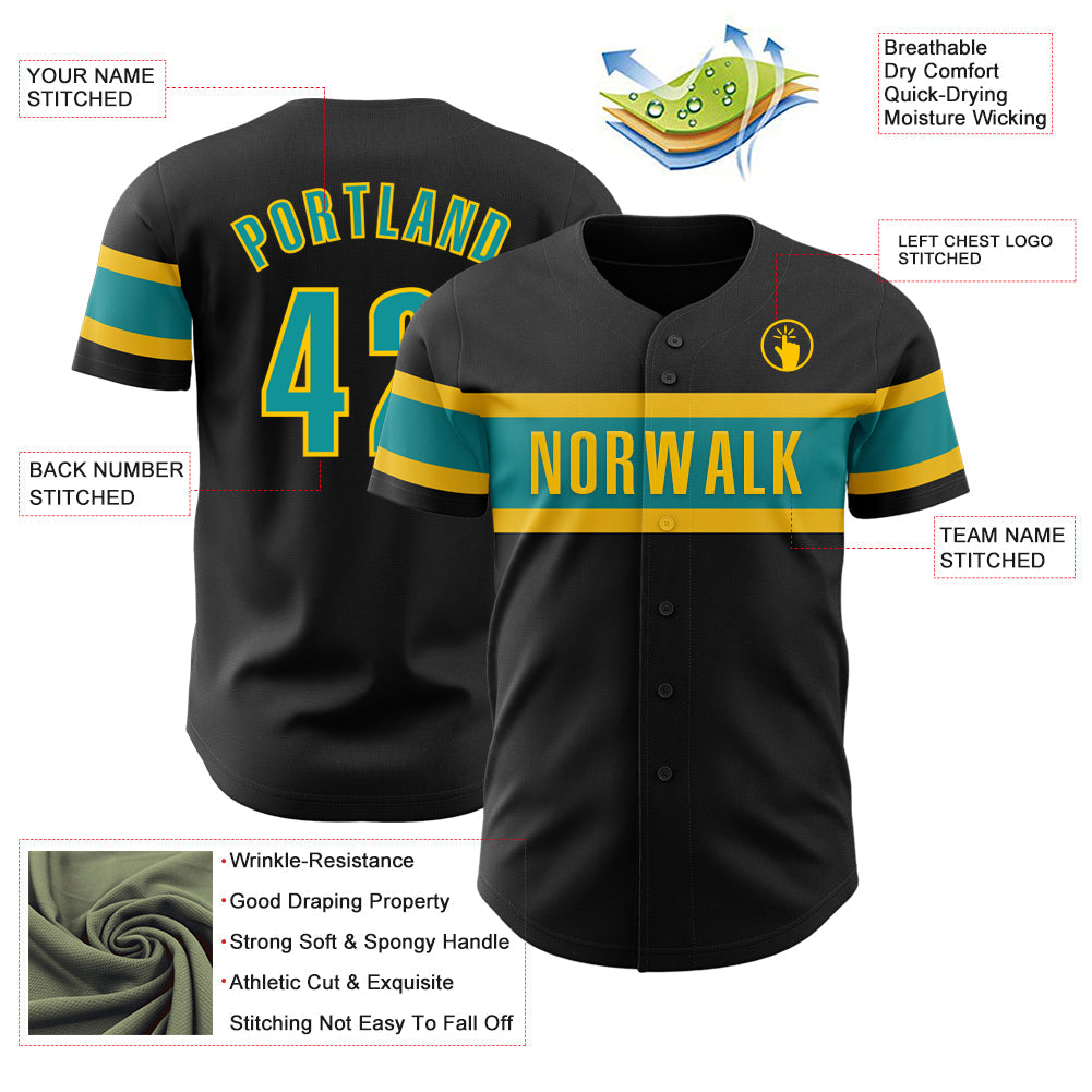 Custom Black Teal-Yellow Authentic Baseball Jersey - Sky-Custom