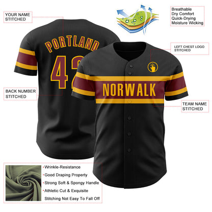 Custom Black Burgundy-Gold Authentic Baseball Jersey - Sky-Custom