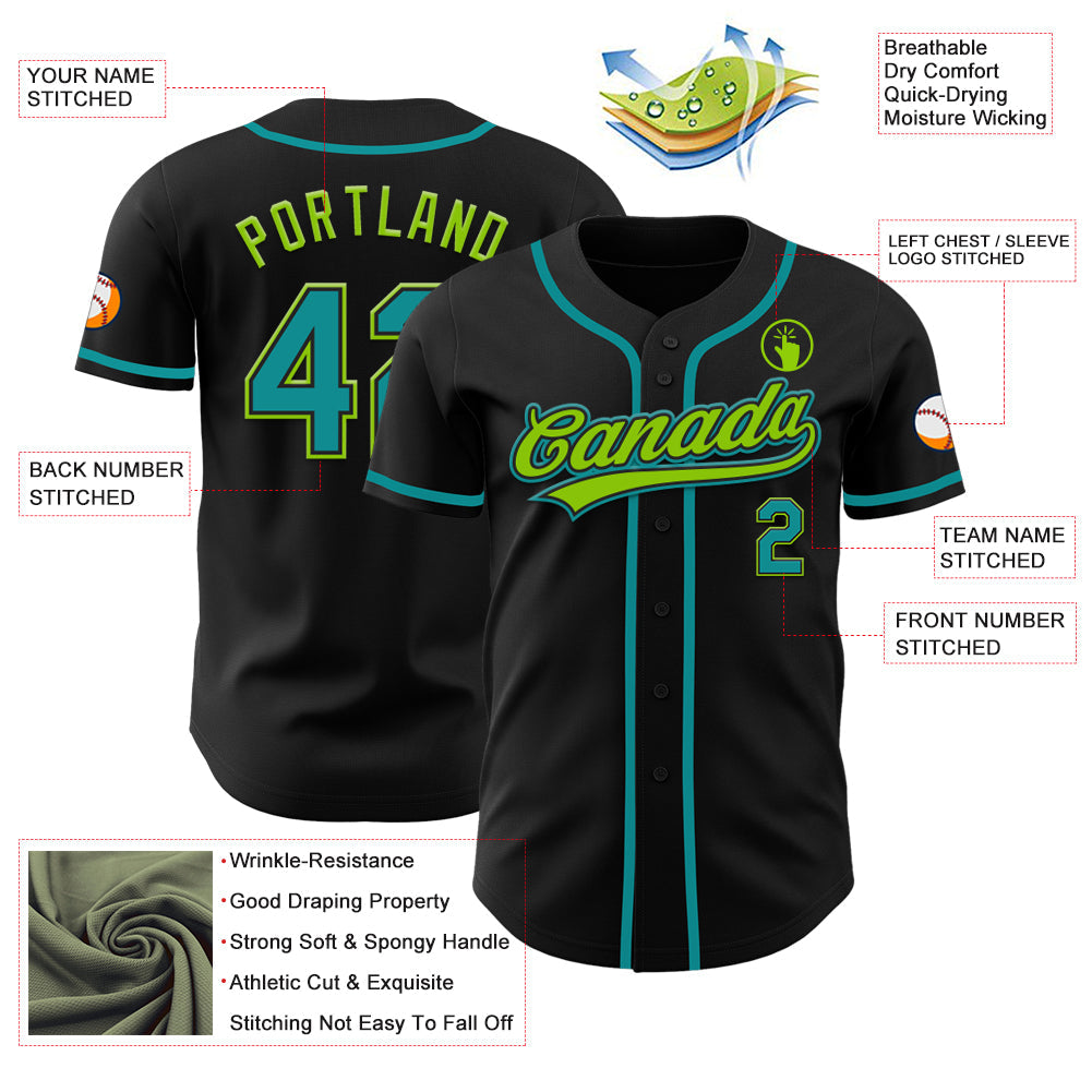 Custom Black Teal-Neon Green Authentic Baseball Jersey - Sky-Custom