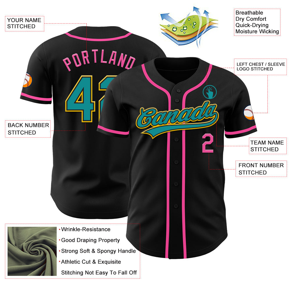 Custom Black Teal Yellow-Pink Authentic Baseball Jersey - Sky-Custom