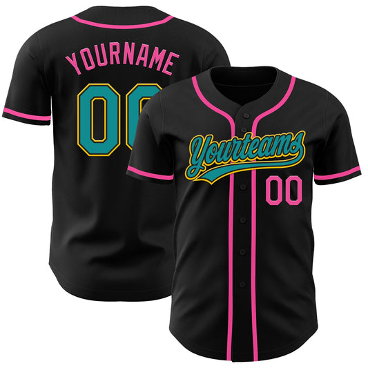 Custom Black Teal Yellow-Pink Authentic Baseball Jersey - Sky-Custom