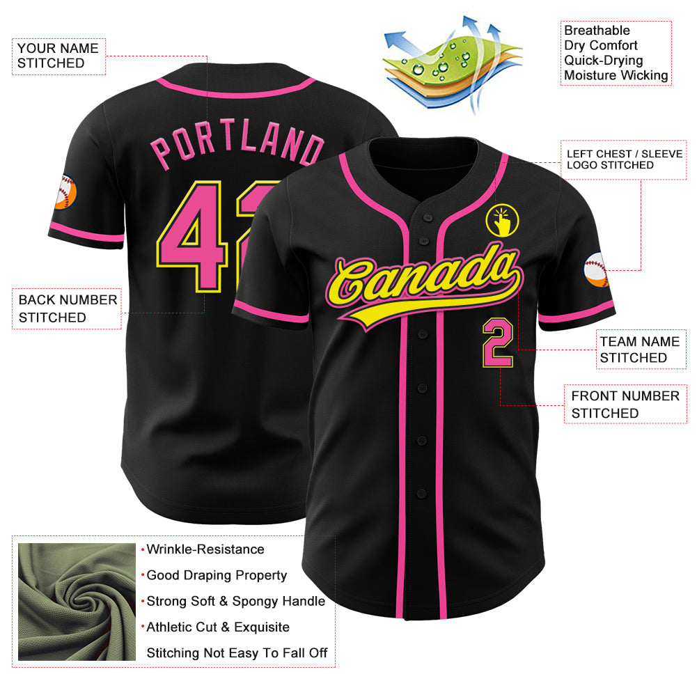 Custom Black Pink-Light Yellow Authentic Baseball Jersey - Sky-Custom