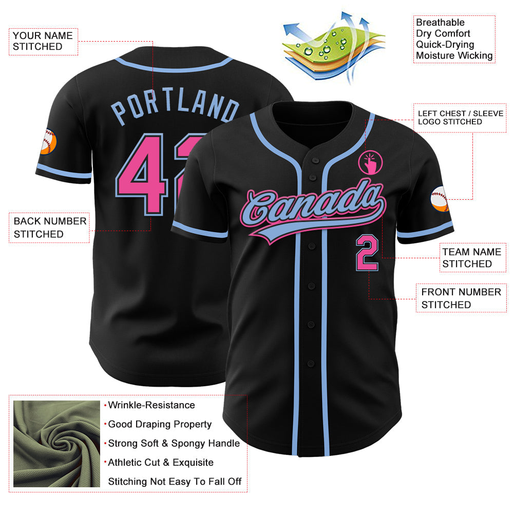 Custom Black Pink-Light Blue Authentic Baseball Jersey - Sky-Custom