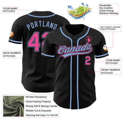 Custom Black Pink-Light Blue Authentic Baseball Jersey - Sky-Custom