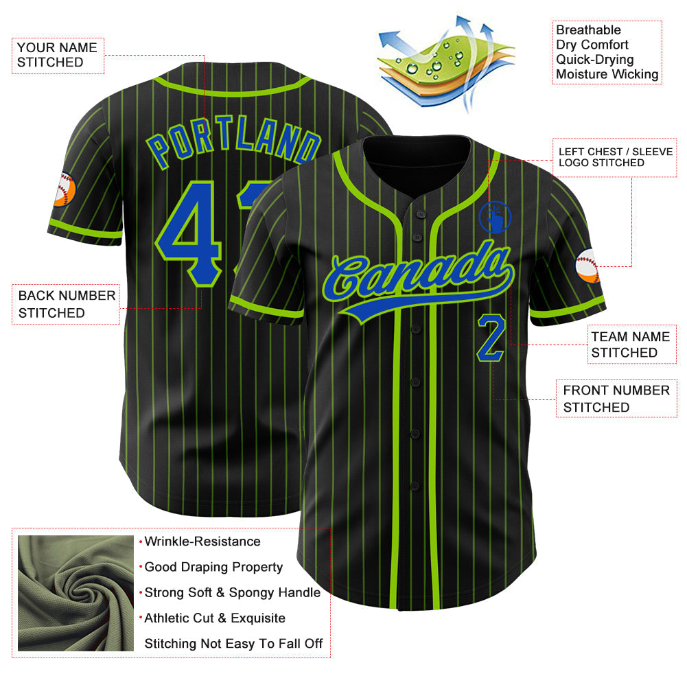 Custom Black Neon Green Pinstripe Thunder Blue Authentic Baseball Jersey - Sky-Custom
