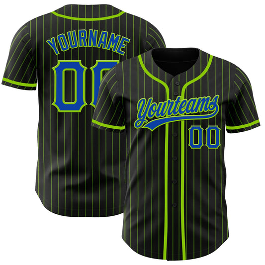 Custom Black Neon Green Pinstripe Thunder Blue Authentic Baseball Jersey - Sky-Custom