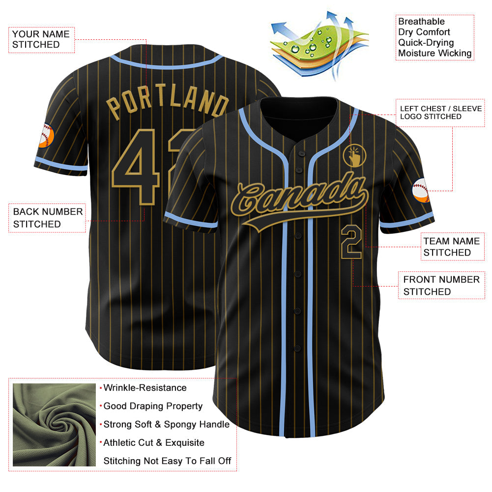 Custom Black Old Gold Pinstripe Light Blue Authentic Baseball Jersey - Sky-Custom