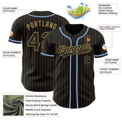 Custom Black Old Gold Pinstripe Light Blue Authentic Baseball Jersey - Sky-Custom