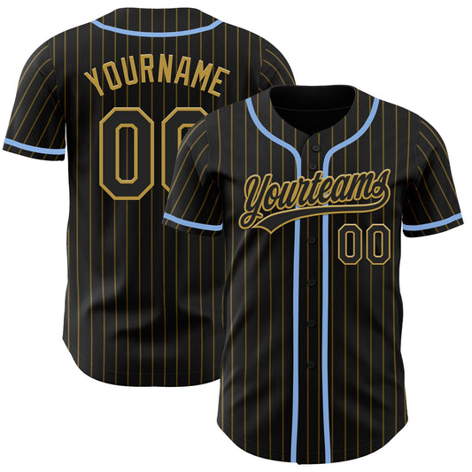 Custom Black Old Gold Pinstripe Light Blue Authentic Baseball Jersey - Sky-Custom