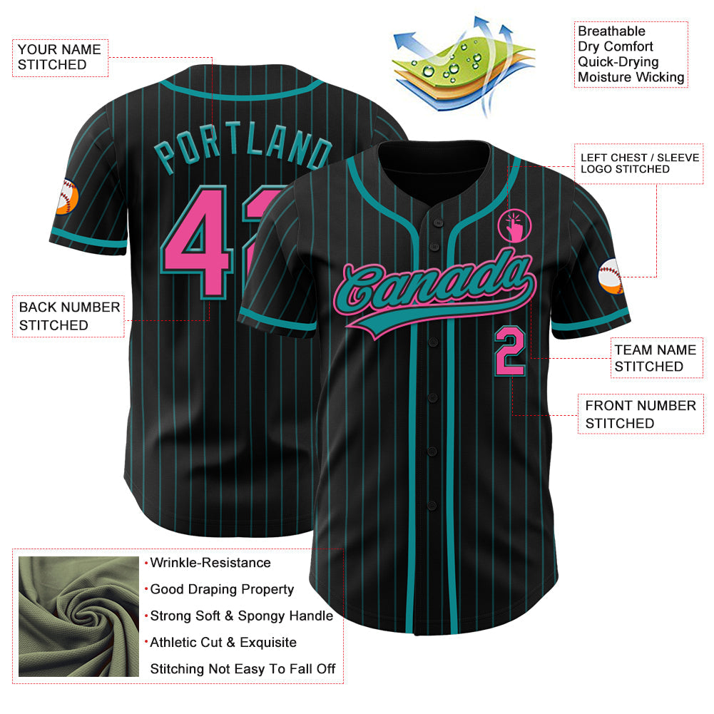 Custom Black Teal Pinstripe Pink Authentic Baseball Jersey - Sky-Custom