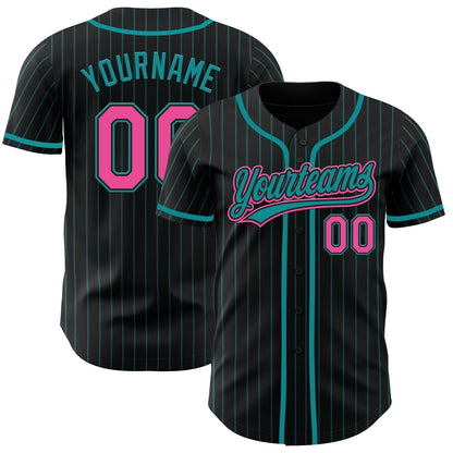 Custom Black Teal Pinstripe Pink Authentic Baseball Jersey - Sky-Custom