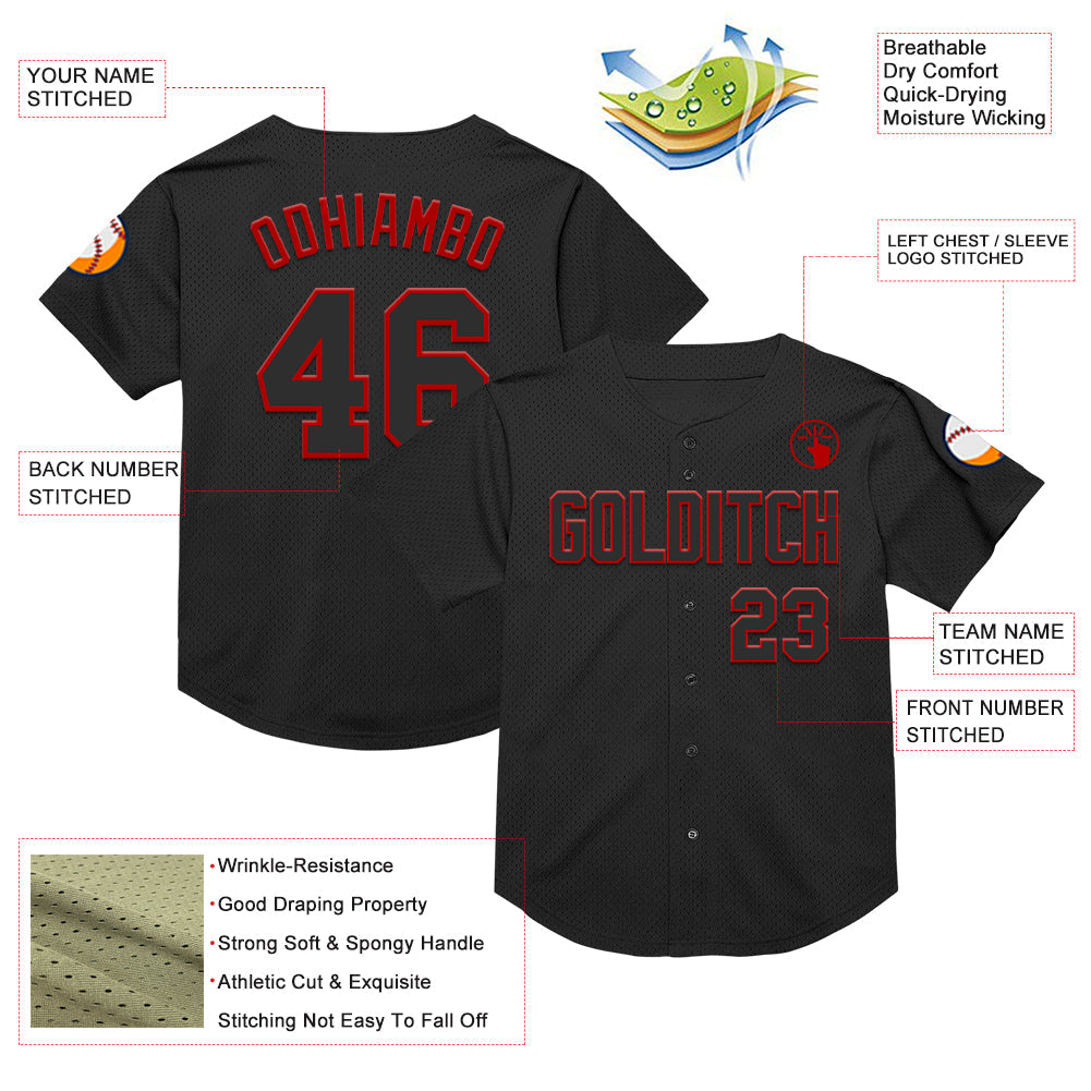 Custom Black Red Mesh Authentic Throwback Baseball Jersey - Sky-Custom