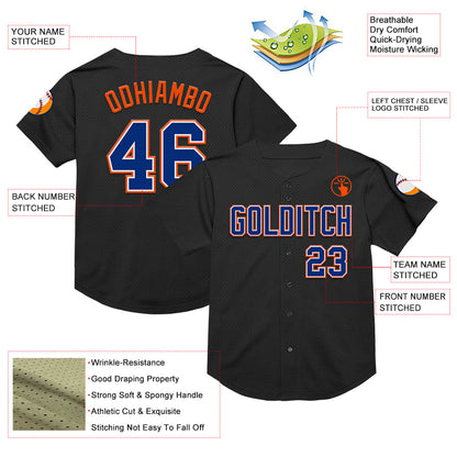 Custom Black Royal-Orange Mesh Authentic Throwback Baseball Jersey - Sky-Custom