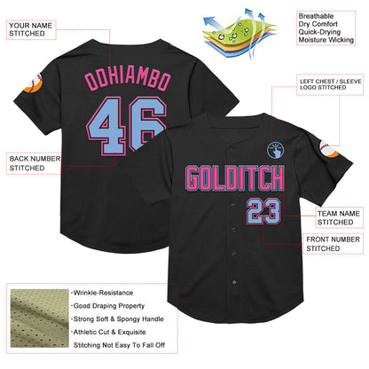 Custom Black Light Blue-Pink Mesh Authentic Throwback Baseball Jersey - Sky-Custom