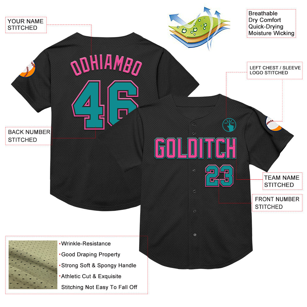 Custom Black Teal-Pink Mesh Authentic Throwback Baseball Jersey - Sky-Custom