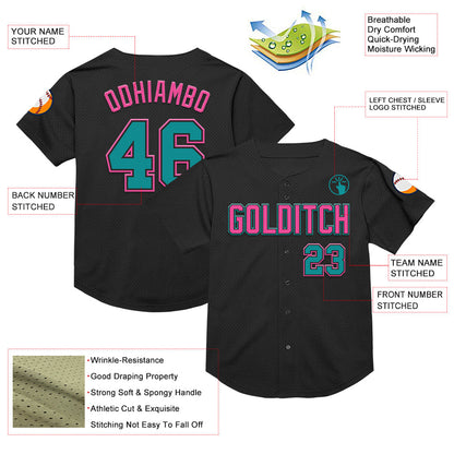 Custom Black Teal-Pink Mesh Authentic Throwback Baseball Jersey - Sky-Custom
