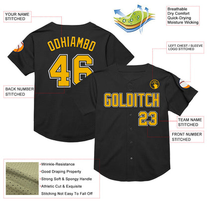 Custom Black Gold-White Mesh Authentic Throwback Baseball Jersey - Sky-Custom