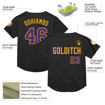 Custom Black Purple-Gold Mesh Authentic Throwback Baseball Jersey - Sky-Custom