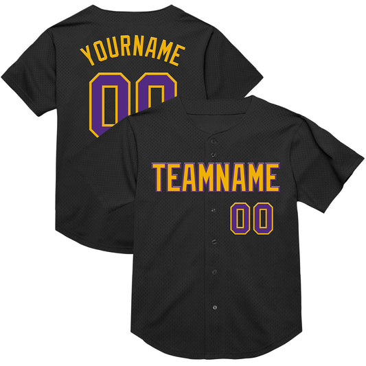 Custom Black Purple-Gold Mesh Authentic Throwback Baseball Jersey - Sky-Custom