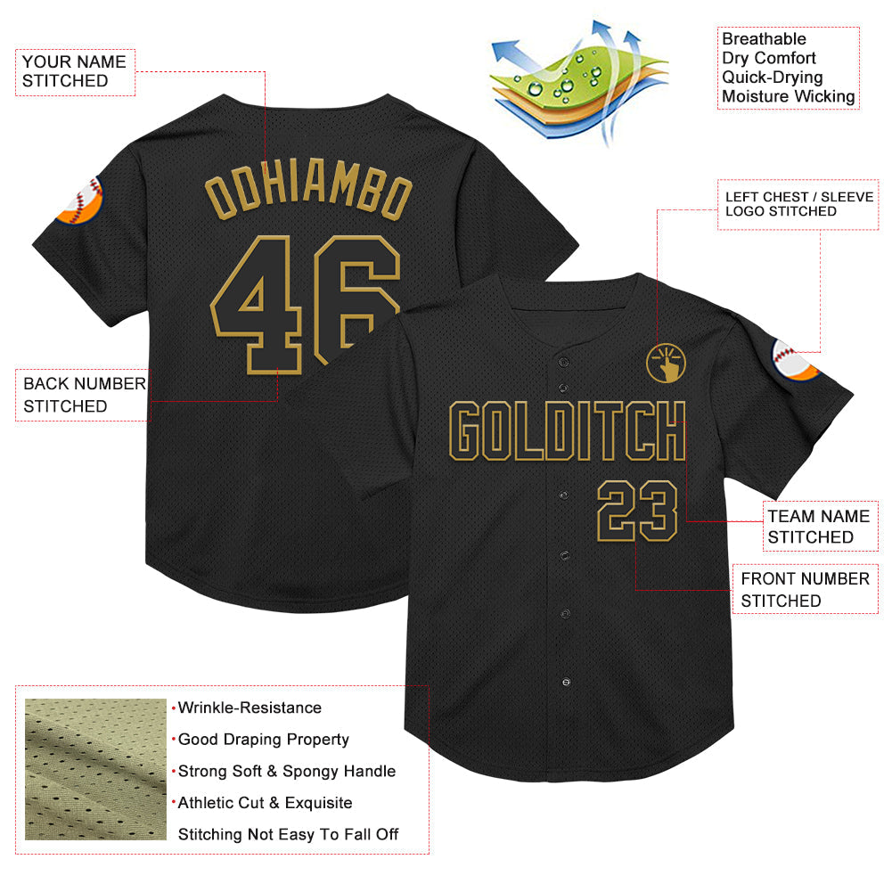 Custom Black Old Gold Mesh Authentic Throwback Baseball Jersey - Sky-Custom