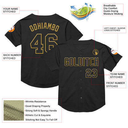 Custom Black Old Gold Mesh Authentic Throwback Baseball Jersey - Sky-Custom