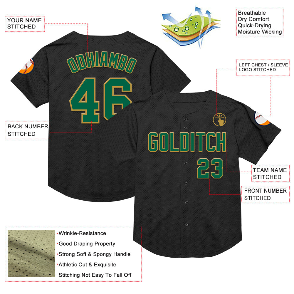 Custom Black Kelly Green-Old Gold Mesh Authentic Throwback Baseball Jersey - Sky-Custom
