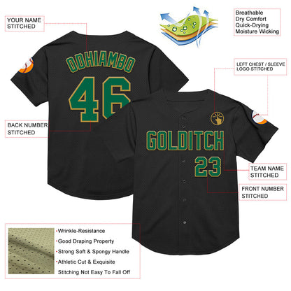 Custom Black Kelly Green-Old Gold Mesh Authentic Throwback Baseball Jersey - Sky-Custom