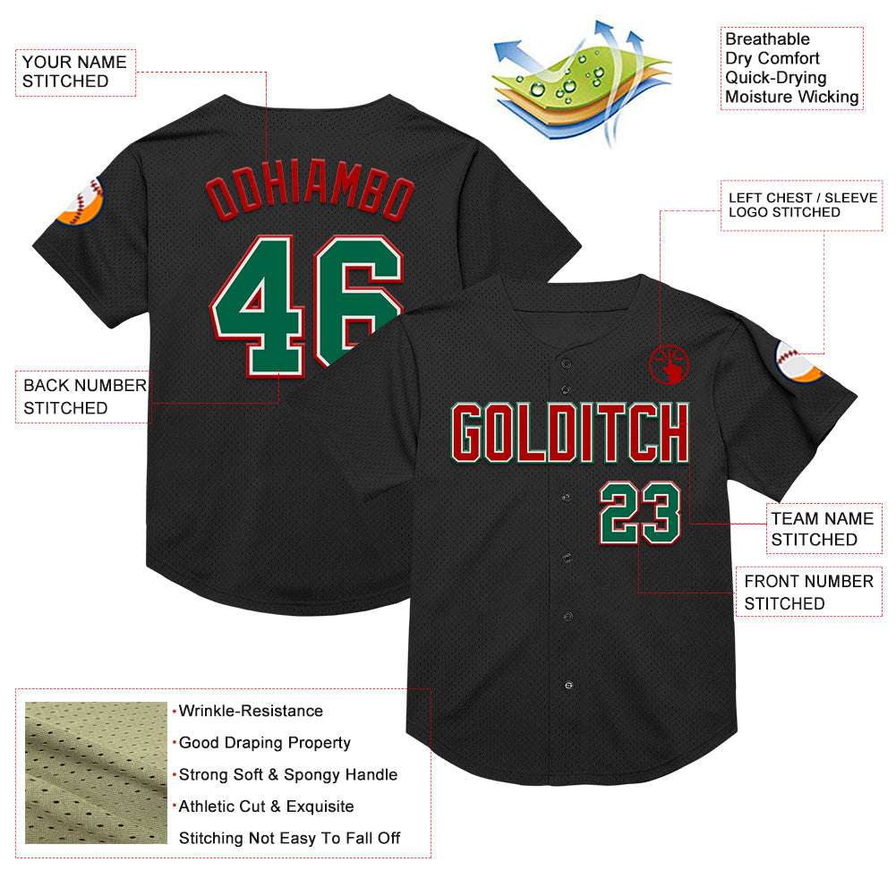 Custom Black Kelly Green-Red Mesh Authentic Throwback Baseball Jersey - Sky-Custom
