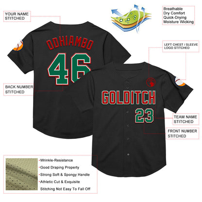Custom Black Kelly Green-Red Mesh Authentic Throwback Baseball Jersey - Sky-Custom