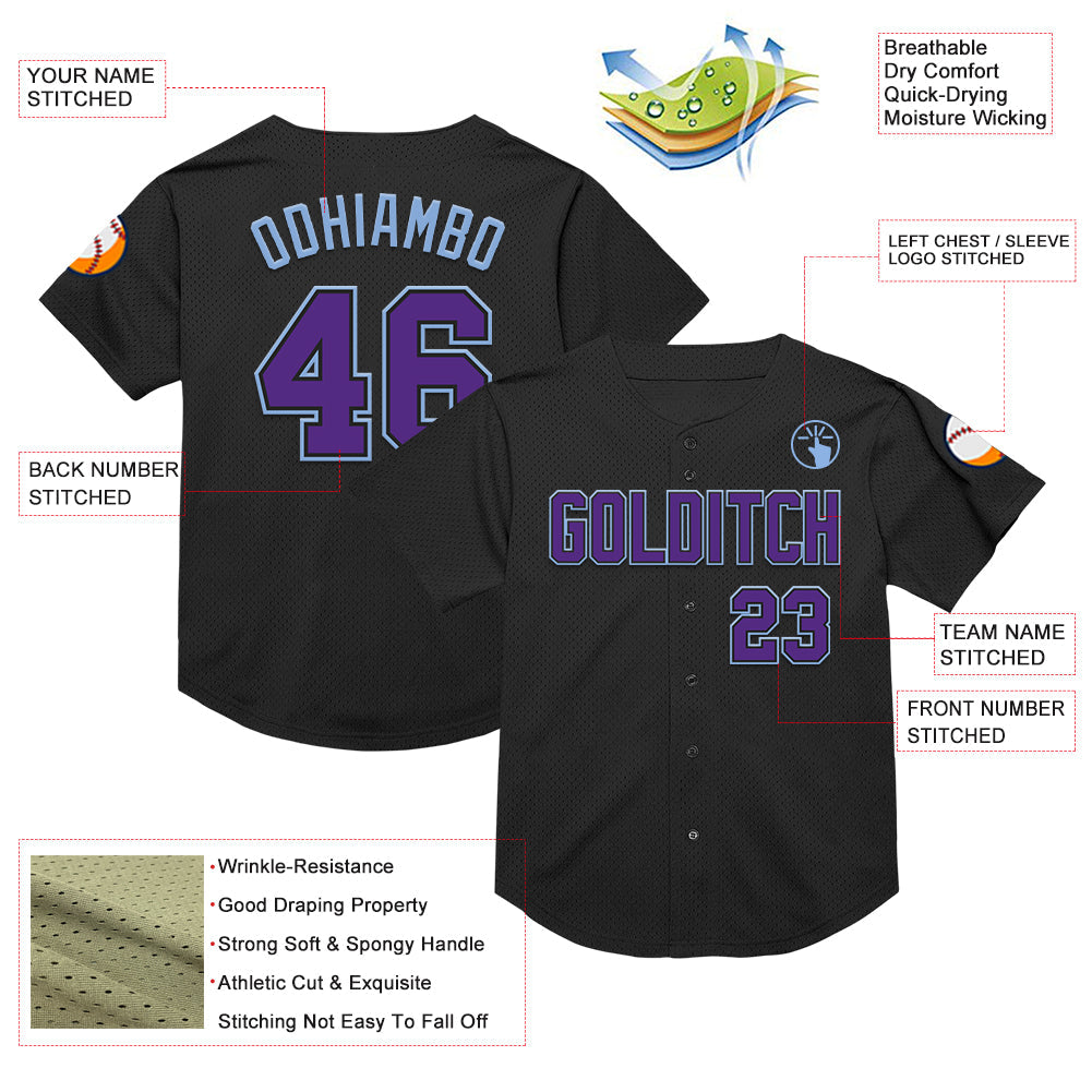 Custom Black Purple-Light Blue Mesh Authentic Throwback Baseball Jersey - Sky-Custom