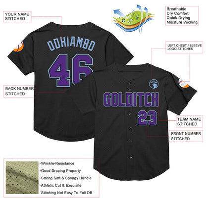 Custom Black Purple-Light Blue Mesh Authentic Throwback Baseball Jersey - Sky-Custom