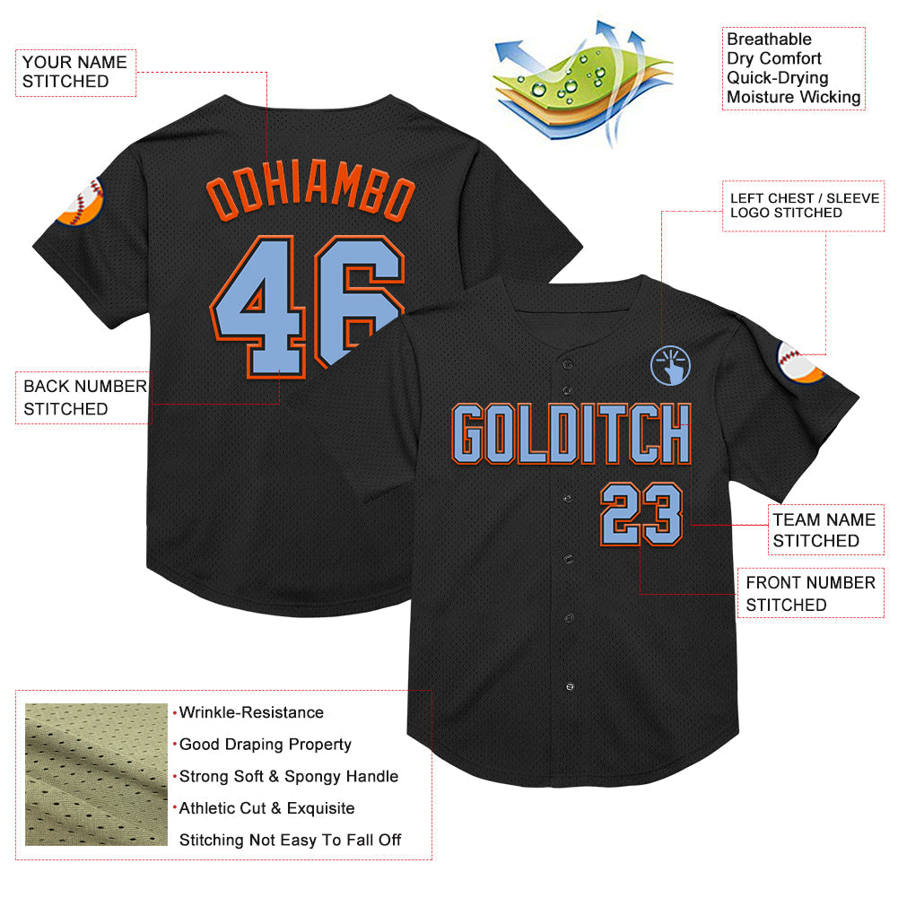 Custom Black Light Blue-Orange Mesh Authentic Throwback Baseball Jersey - Sky-Custom