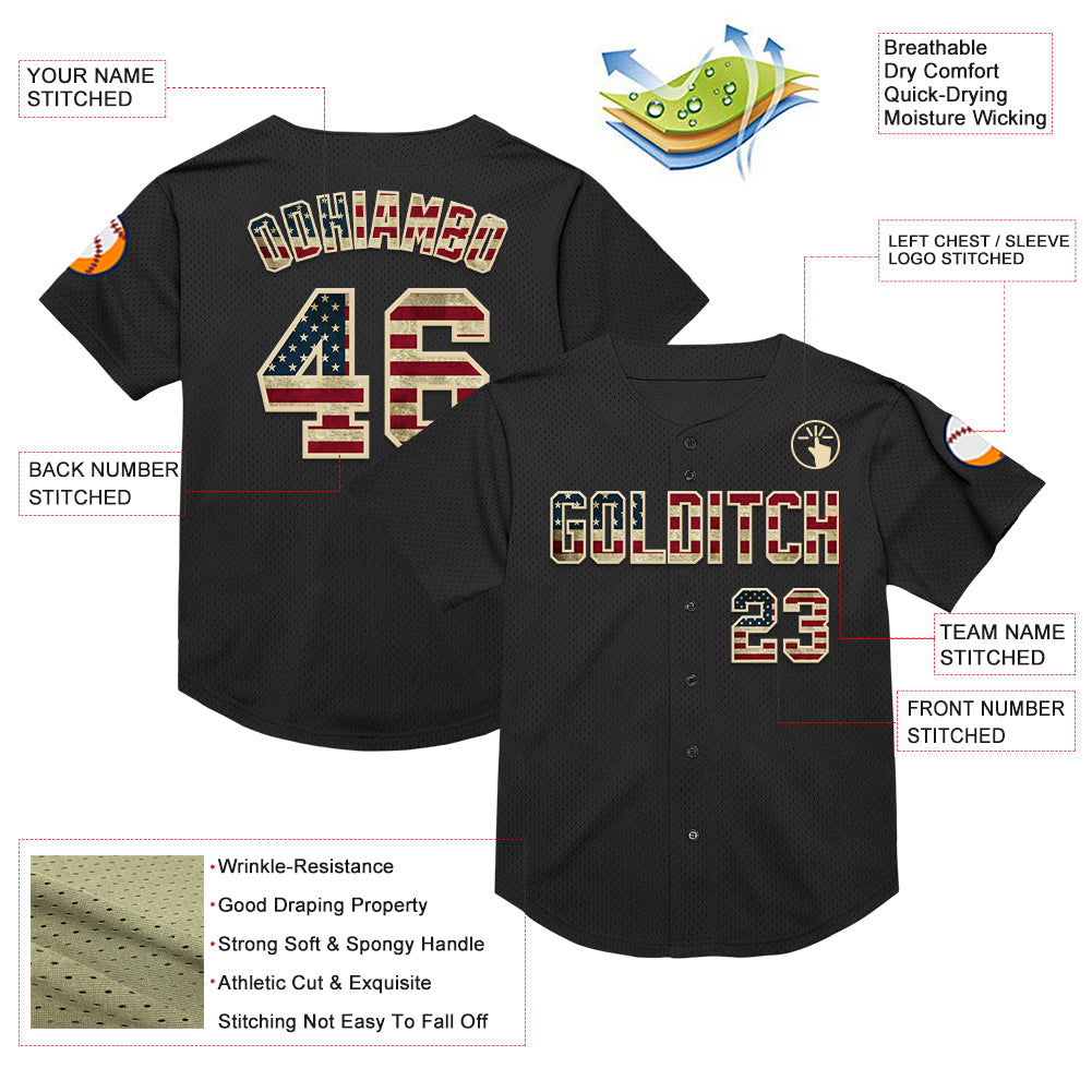 Custom Black Vintage USA Flag-Cream Mesh Authentic Throwback Baseball Jersey - Sky-Custom