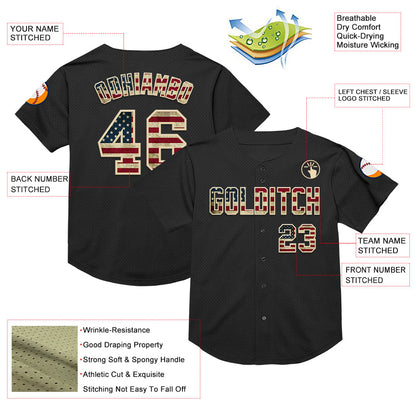 Custom Black Vintage USA Flag-Cream Mesh Authentic Throwback Baseball Jersey - Sky-Custom