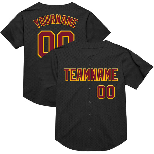Custom Black Crimson-Gold Mesh Authentic Throwback Baseball Jersey - Sky-Custom