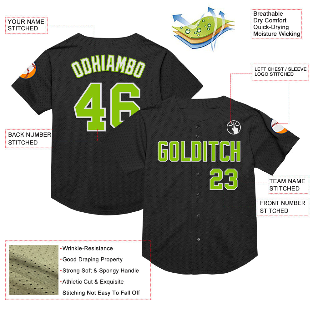 Custom Black Neon Green-White Mesh Authentic Throwback Baseball Jersey - Sky-Custom