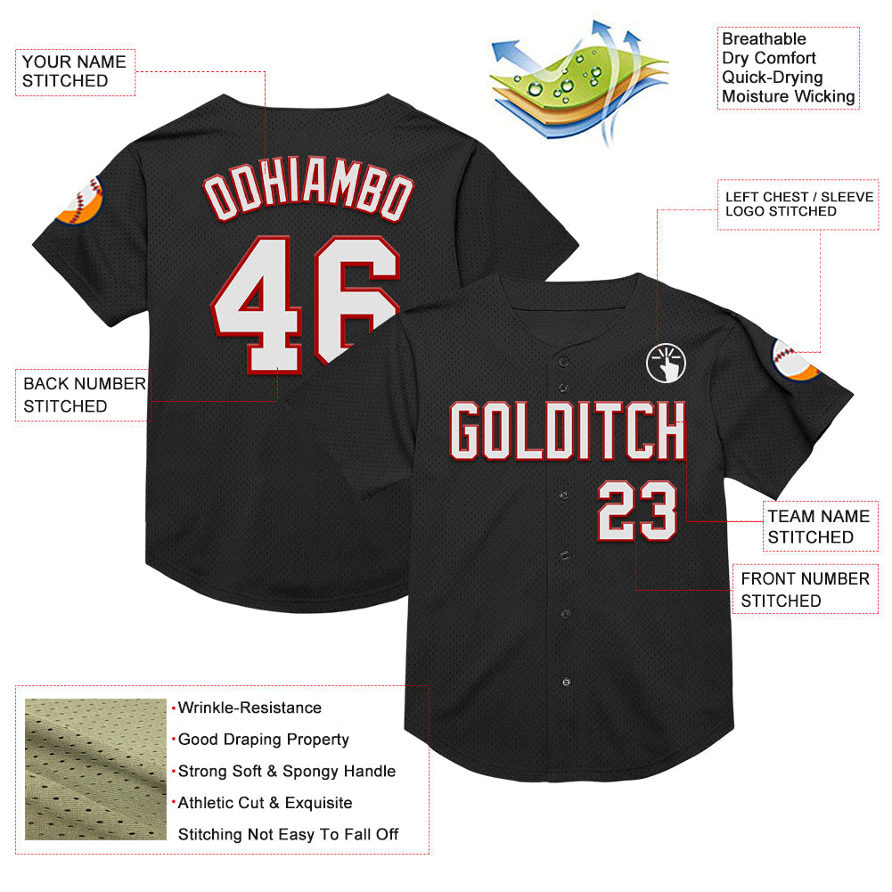 Custom Black White-Red Mesh Authentic Throwback Baseball Jersey - Sky-Custom