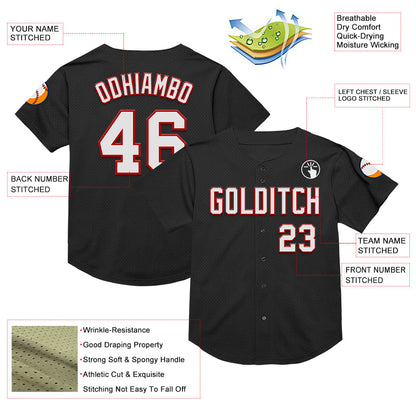 Custom Black White-Red Mesh Authentic Throwback Baseball Jersey - Sky-Custom