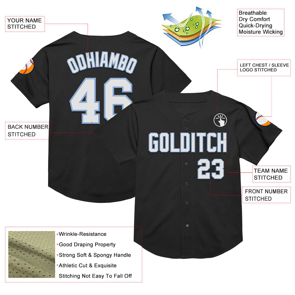 Custom Black White-Light Blue Mesh Authentic Throwback Baseball Jersey - Sky-Custom
