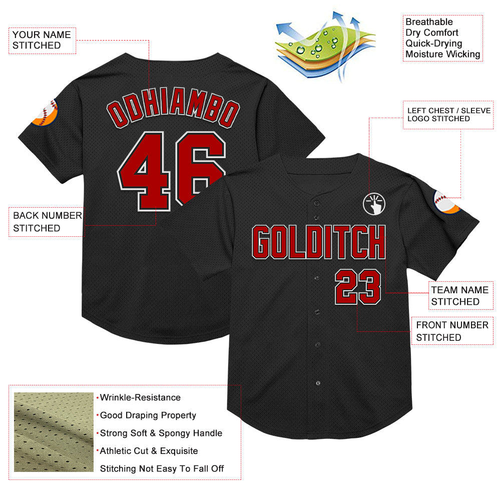 Custom Black Red-White Mesh Authentic Throwback Baseball Jersey - Sky-Custom
